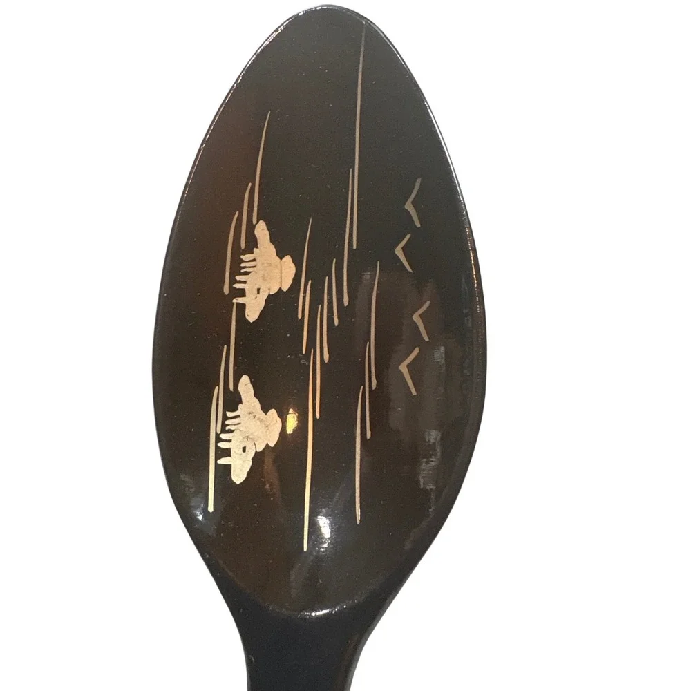 Vintage Japanese‎ Black Lacquerware Salad Serving Spoon Fork Set Nautical Gold